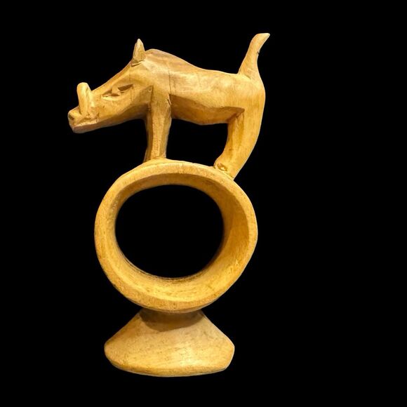 Vintage 1971 Hand Carved Wood Rhino Horse African Animal Fork Napkin Ring Kenya - Picture 3 of 7